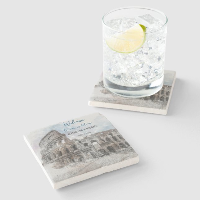 Rome Italy Watercolor Wedding Coaster – Custom  (Side)