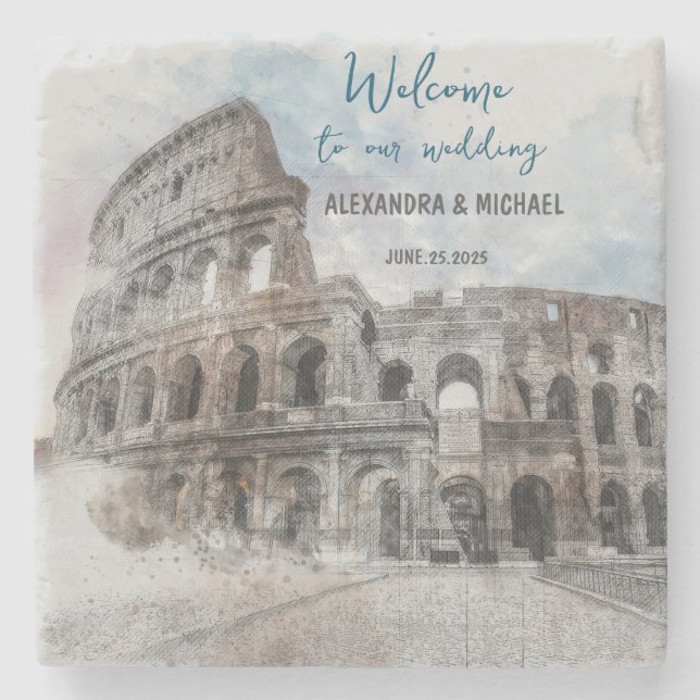 Rome Italy Watercolor Wedding Coaster – Custom  (Front)