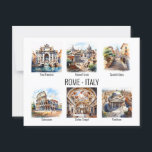 Rome most popular tourist attractions watercolor postcard<br><div class="desc">Send friends and family a taste of your incredible experience in Rome with this 6 template image of some of Romes famous tourist attrations. Seen here are watercolor paitings of the Trevi Fountain, the Roman Forum, the Spanish Steps, the Colosseum, the ceiling of the Sistine Chapel and the Pantheon. All...</div>