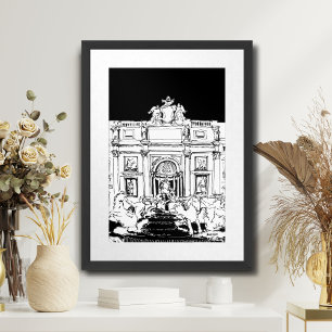 Rome Trevi Fountain Black White Travel Poster