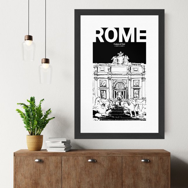 Rome Trevi Fountain Black White Travel Sketch Poster (Fontana di Trevi Rome Black White Sketch Mate Poster)