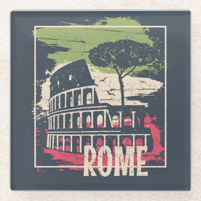 Rome Typography: Eiffel Tower Poster. Glass Coaster (Front)