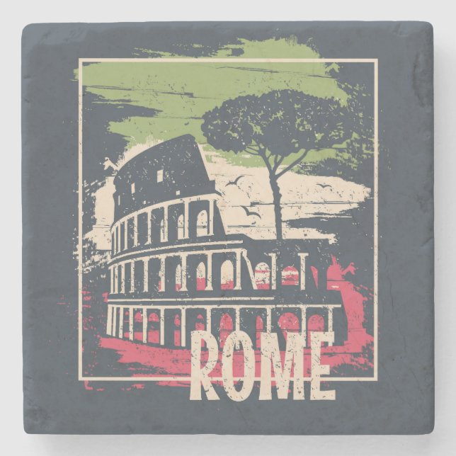 Rome Typography: Eiffel Tower Poster. Stone Coaster (Front)