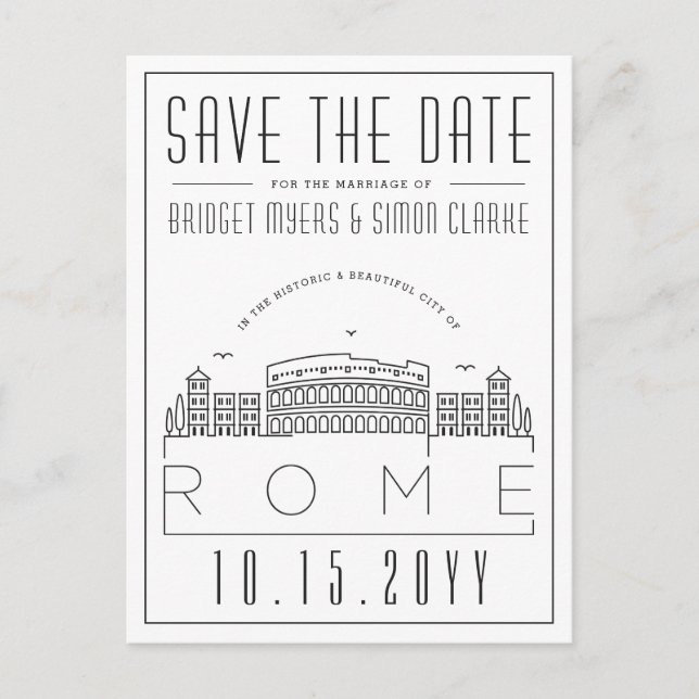 Rome Wedding | Stylised Skyline Save the Date Postcard (Front)