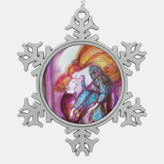 ROMEO AND JULIET Romantic Valentines's Day Snowflake Pewter Christmas Ornament (Front)
