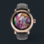 ROMEO AND JULIET Romantic Valentines's Day Watch<br><div class="desc">Balcony scene from Romeo and Juilet  tragedy by William Shakespeare .Original contemporary watercolor painting with golden foil and iridescent colours in bright purple , pink, green, yellow orange ,  teal, turquase,  white ..Painting by Bulgan Lumini (c)</div>