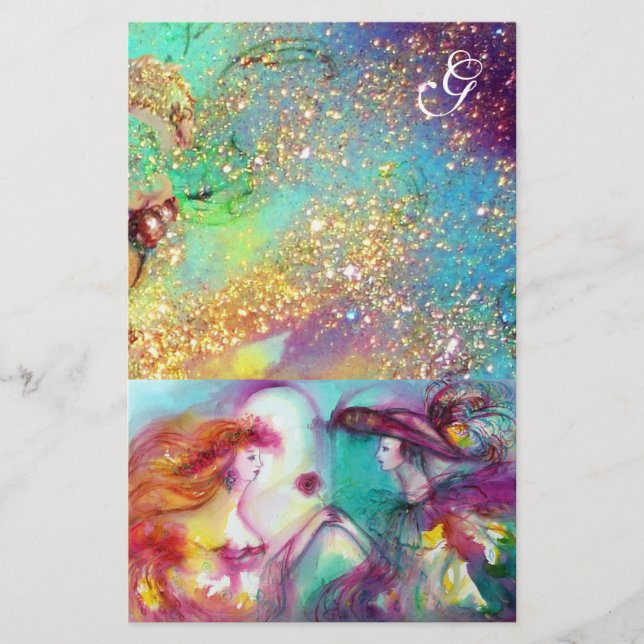 ROMEO AND JULIET,TEAL BLUE GOLD SPARKLES MONOGRAM STATIONERY (Front)