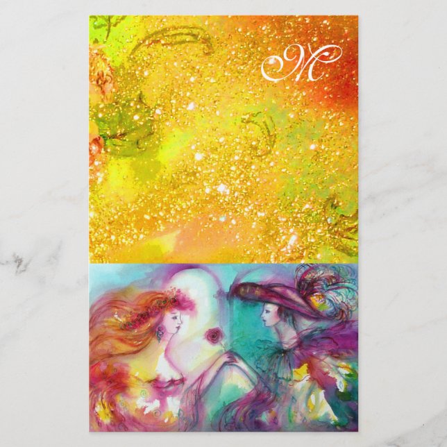 ROMEO AND JULIET,YELLOW GREEN GOLD SPARKLES STATIONERY (Front)