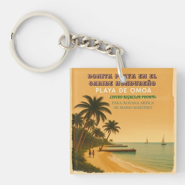 Rompecabezas  Honduras Playa Omoa Retro poster Key Ring (Front)