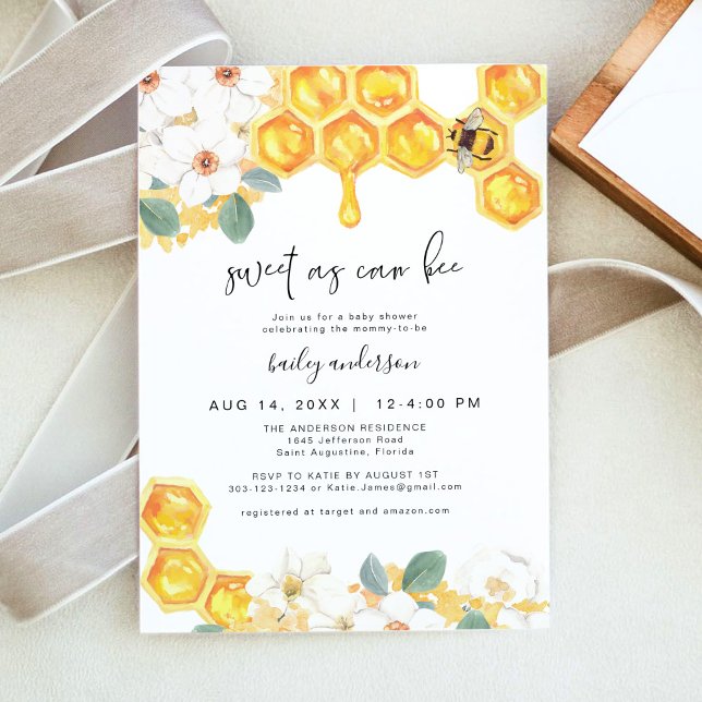 ROMY Sweet As Can Bee White Floral Baby Shower Invitation (Creator Uploaded)