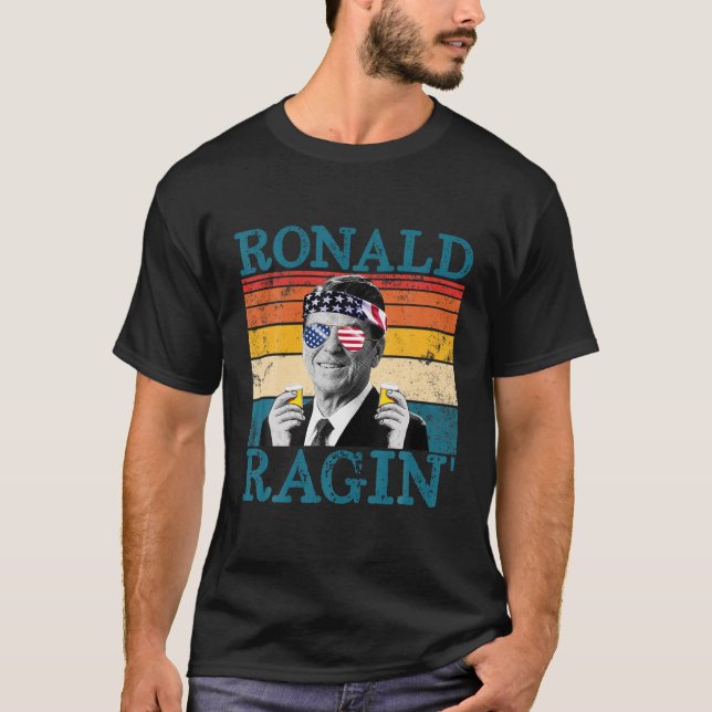 Ronald Ragin' Patriotic Retro Drinking President R T-Shirt (Front)