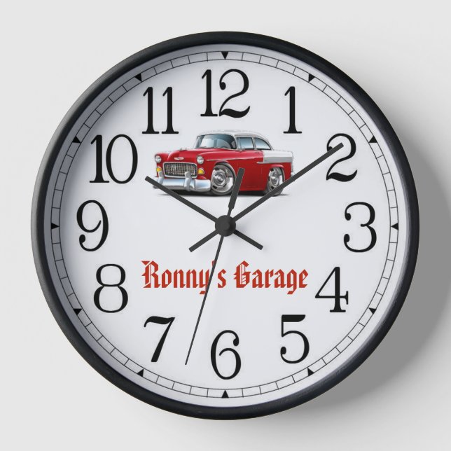 Ronny's Garage Red & White Classic Car Clock (Front)