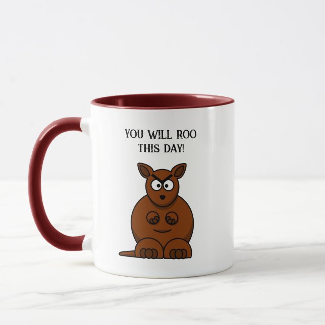 Roo This Day, Funny Angry Kangaroo Cartoon Mug (Left)