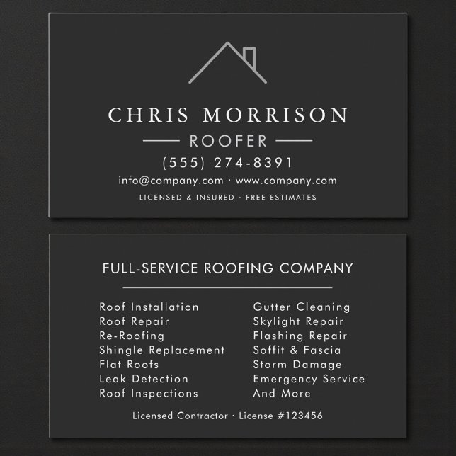  Roofer Black Silver Modern Roofing Company Business Card (Creator Uploaded)