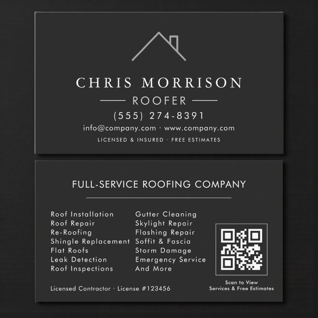 Roofer Black Silver QR Code Roofing Company Business Card (Creator Uploaded)