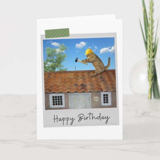Roofer Cat Funny Birthday Card (Front)