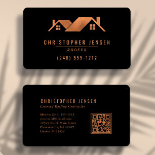 Roofer QR Code Black Copper Rounded Roofing Business Card