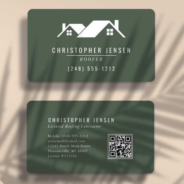 Roofer QR Code Dark Green Rounded Business Card (Creator Uploaded)