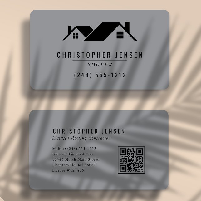 Roofer QR Code Gray Black Rounded Business Card (Creator Uploaded)