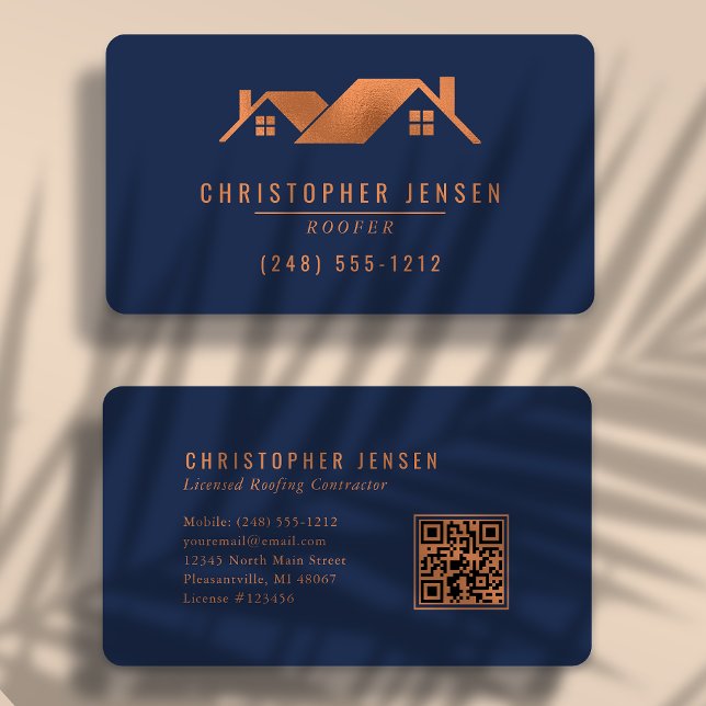 Roofer QR Code Navy Blue Copper Rounded Roofing Business Card (Creator Uploaded)
