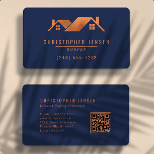 Roofer QR Code Navy Blue Copper Rounded Roofing Business Card