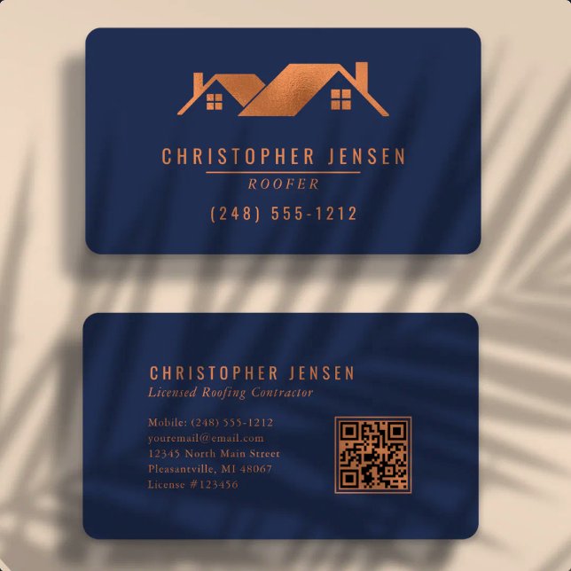 Roofer QR Code Navy Blue Copper Rounded Roofing Business Card (Creator Uploaded)