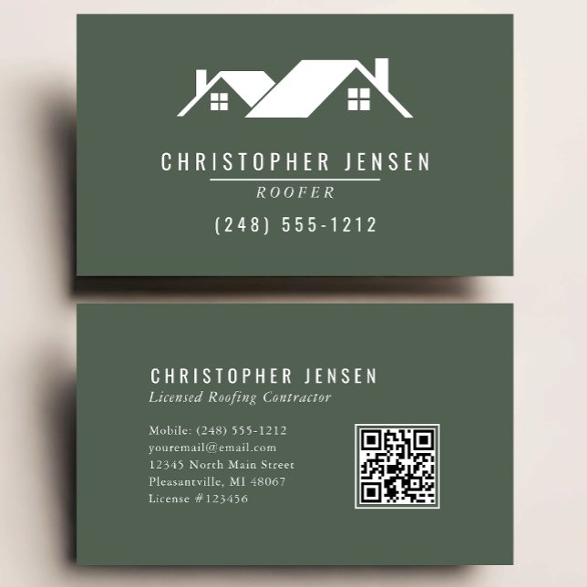 Roofer QR Code Roofing Business Dark Green Business Card (Creator Uploaded)