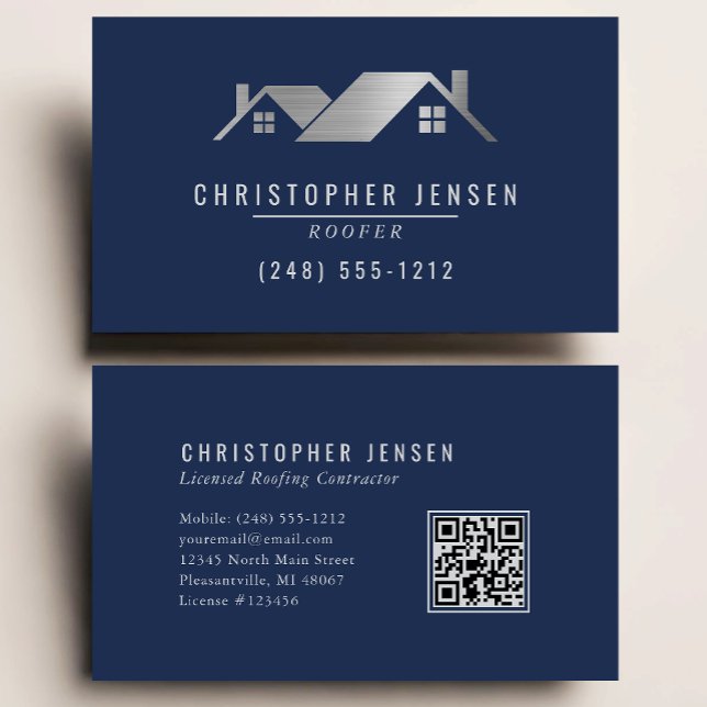 Roofer QR Code Roofing Business Navy Blue Silver Card (Creator Uploaded)