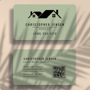 Roofer QR Code Sage Green Rounded Business Card