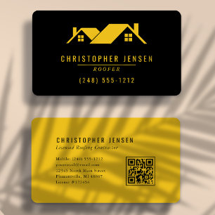 Roofer QR Code Simple Bold Black Yellow Rounded Business Card
