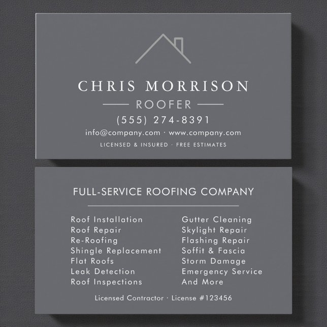  Roofer Silver Gray Modern Roofing Company Business Card (Creator Uploaded)