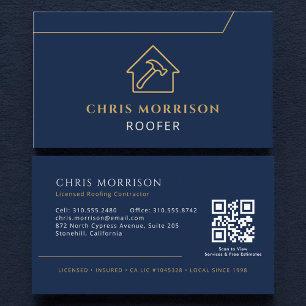 Roofing QR Code Roofer Company Navy Blue Gold Business Card