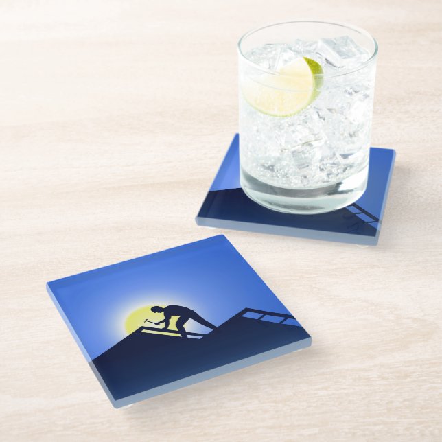 Roofing Worker Glass Coaster (Angled)