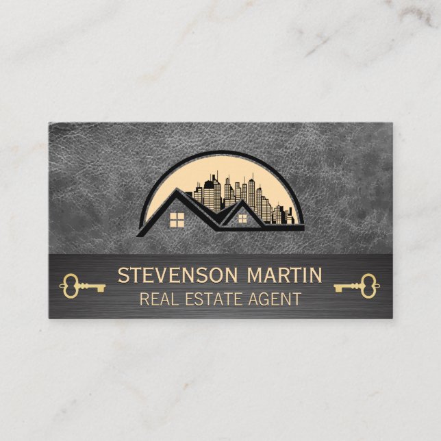 Rooftop and City | Leather | Gold Skeleton Key Business Card (Front)