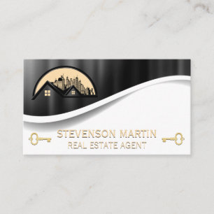 Rooftop and City Metallic Gold Skeleton Key Business Card