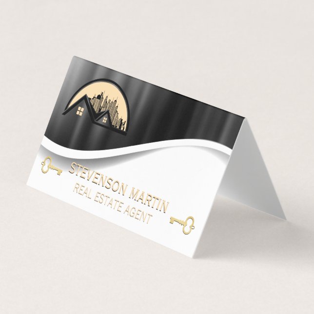 Rooftop and City | Metallic  | Gold Skeleton Key Business Card (Front)