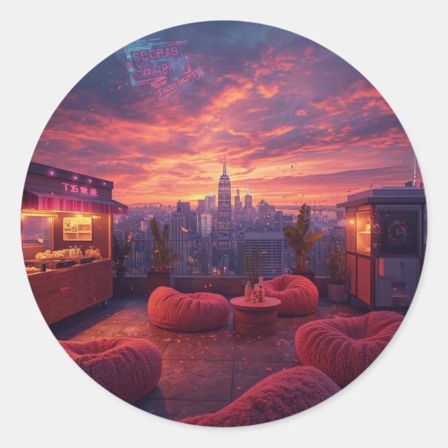Rooftop Beats and Sunset Treats Classic Round Sticker (Front)