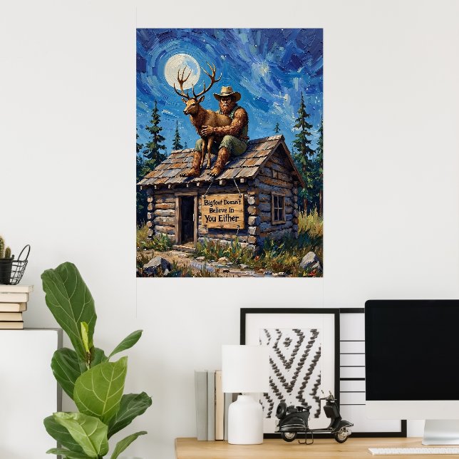 Rooftop Revelation: Bigfoot's Moonlit Embrace Poster (Home Office)