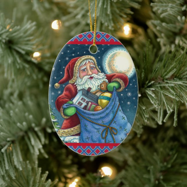 ROOFTOP SANTA BAG OF TOYS, DOLLHOUSE, HOBBYHORSE CERAMIC ORNAMENT (Tree)