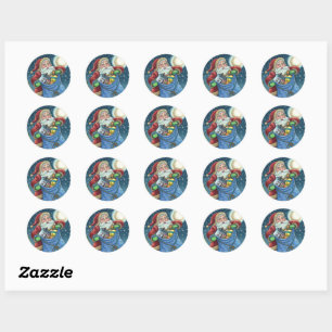 ROOFTOP SANTA BAG OF TOYS, DOLLHOUSE, HOBBYHORSE CLASSIC ROUND STICKER