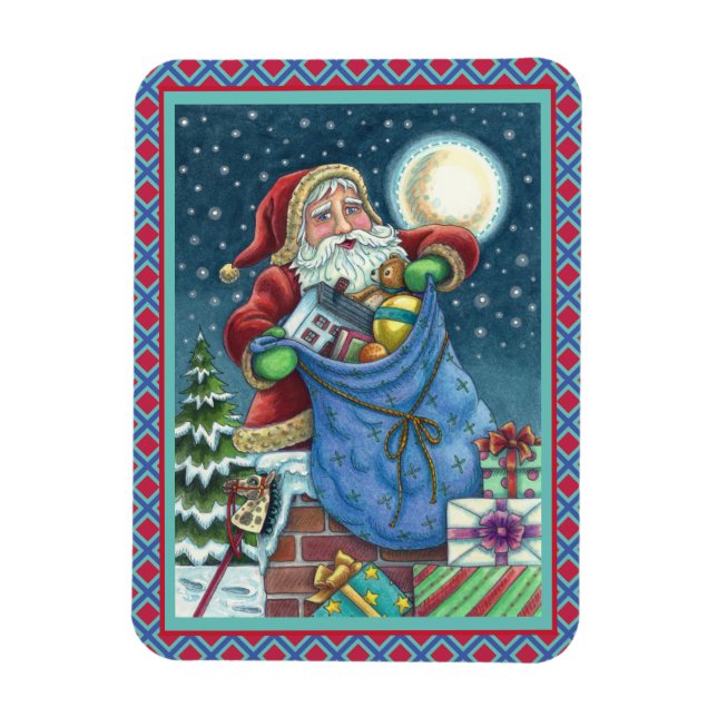ROOFTOP SANTA BAG OF TOYS, DOLLHOUSE, HOBBYHORSE MAGNET (Vertical)