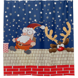 Rooftop Santa Claus and Reindeer Shower Curtain