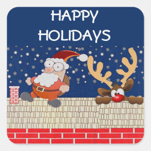 Rooftop Santa Claus and Reindeer Square Stickers