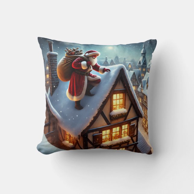 Rooftop Santa Throw Pillow (Front)