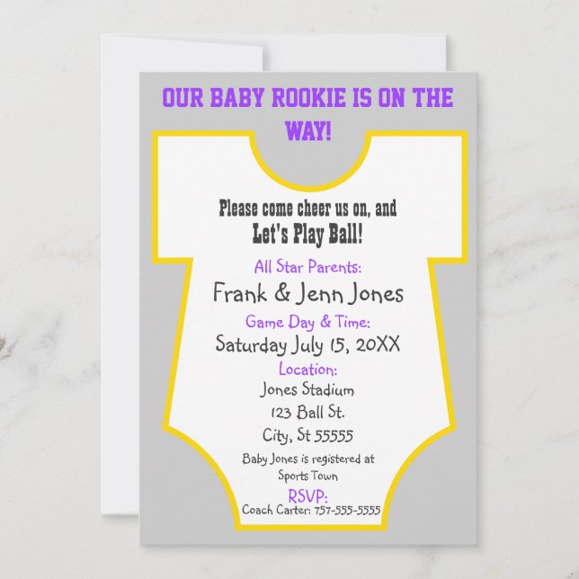 Rookie Baby Shower Invite Purple & Gold (Front)