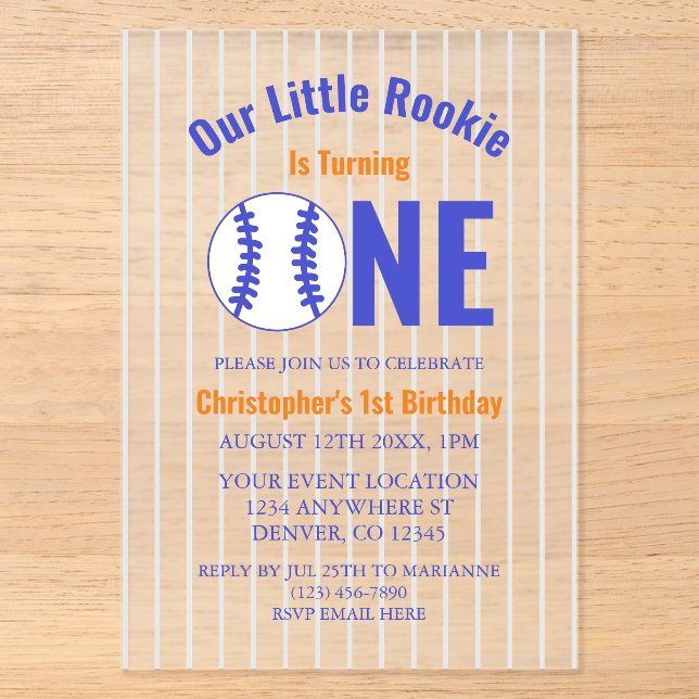 Rookie Baseball 1st Birthday Acrylic Invitations (Front)
