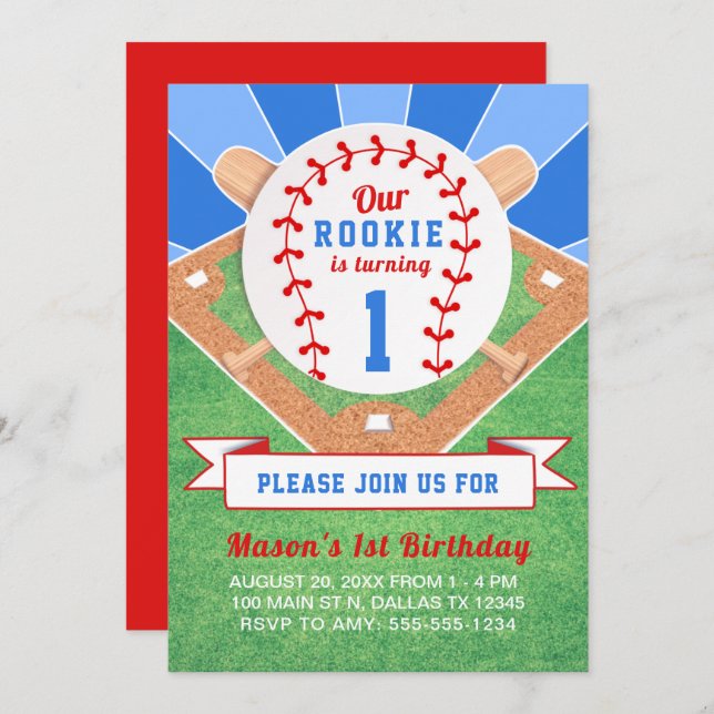 Rookie Baseball 1st Birthday Invitation (Front/Back)