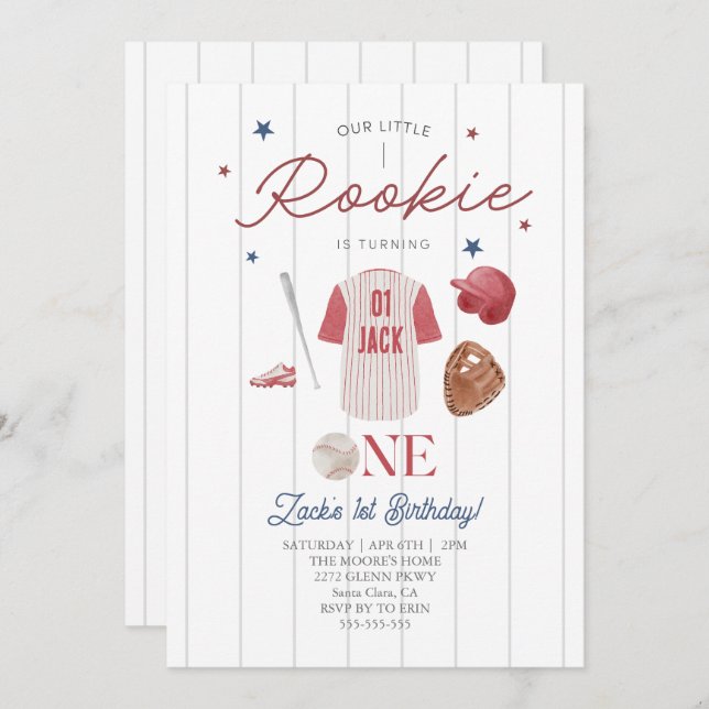 Rookie Baseball Custom name Boys 1st Birthday Invitation (Front/Back)