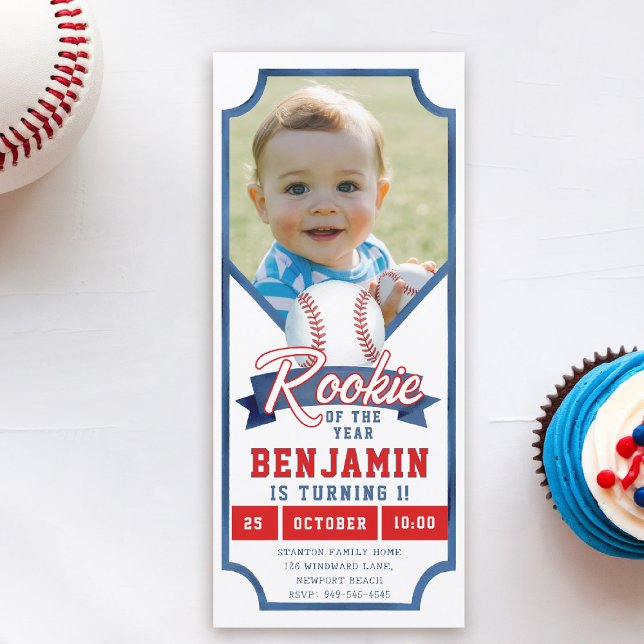 Rookie Baseball Photo Blue Boy 1st Birthday Invitation (boy 1st birthday invitation photo baseball rookie of the year sports ticket blue red game time)