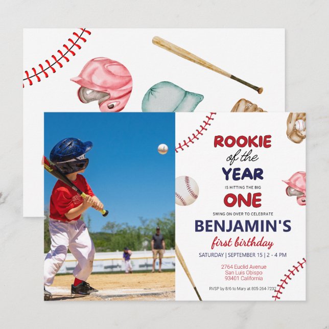 Rookie baseball red blue 1st birthday Photo Invitation (Front/Back)